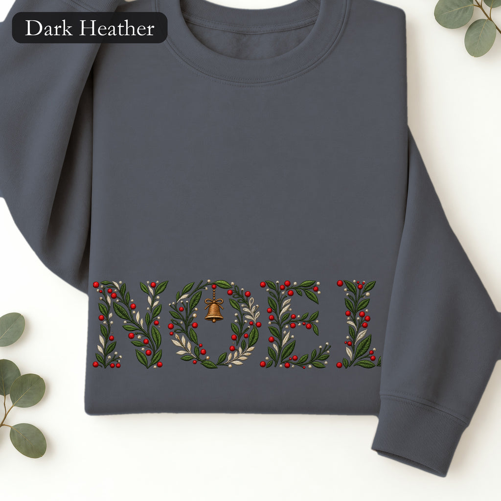 Embroidered Noel Floral Crewneck Sweatshirt | Christmas NOEL in Greenery and Berries, Elegant Holiday Gift