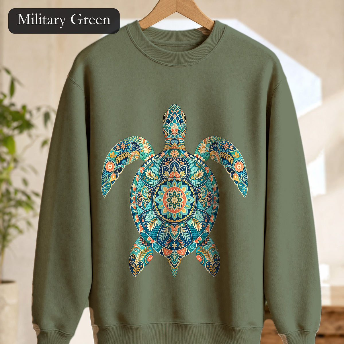 Boho Sea Turtle Shirt, Folk Art Turtle Tee, Japanese Pattern Ocean Lover Gift, Vintage Floral Turtle Sweatshirt