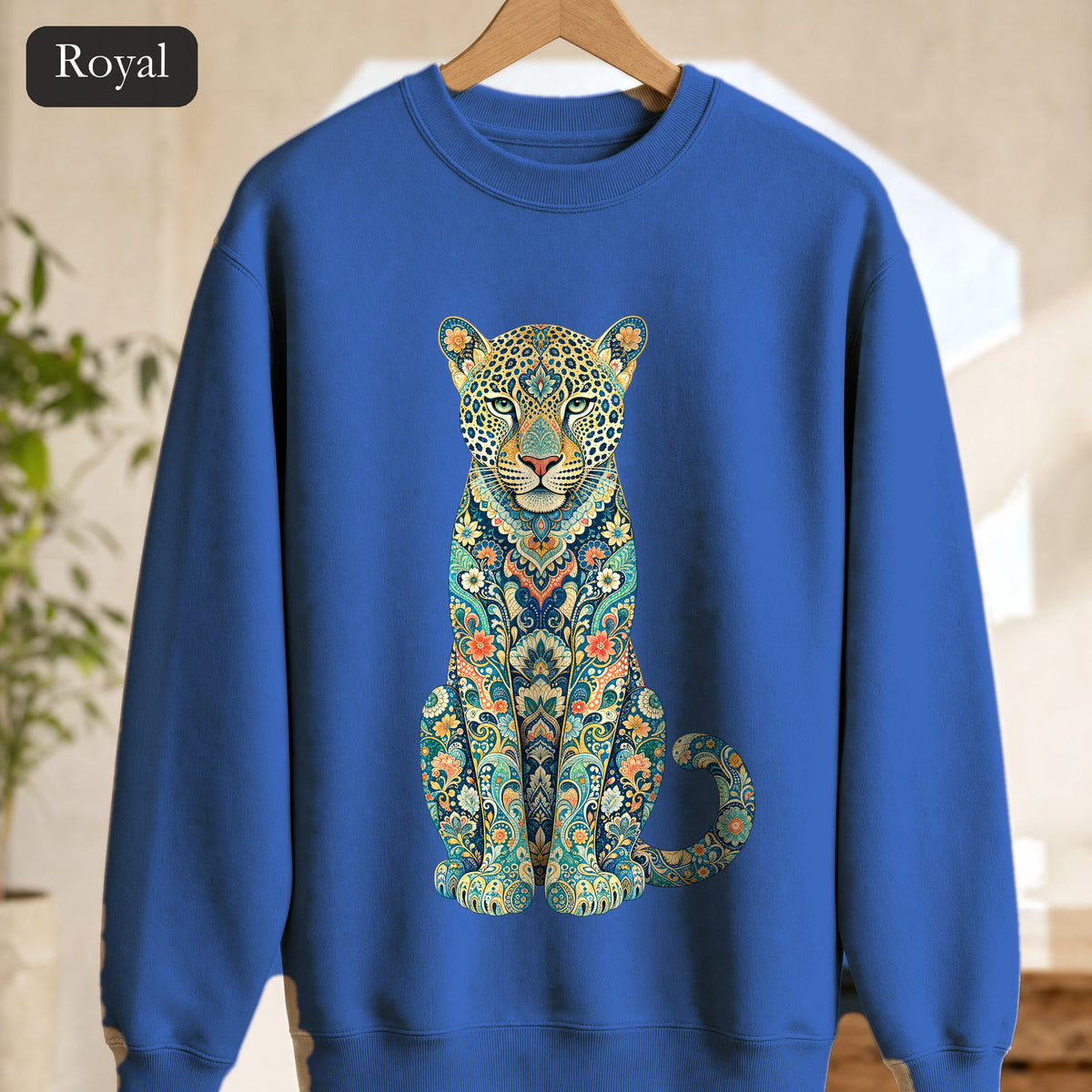 Boho Leopard Shirt, Folk Art Leopard Tee, Japanese Pattern Big Cat Lover Gift, Vintage Floral Leopard Sweatshirt
