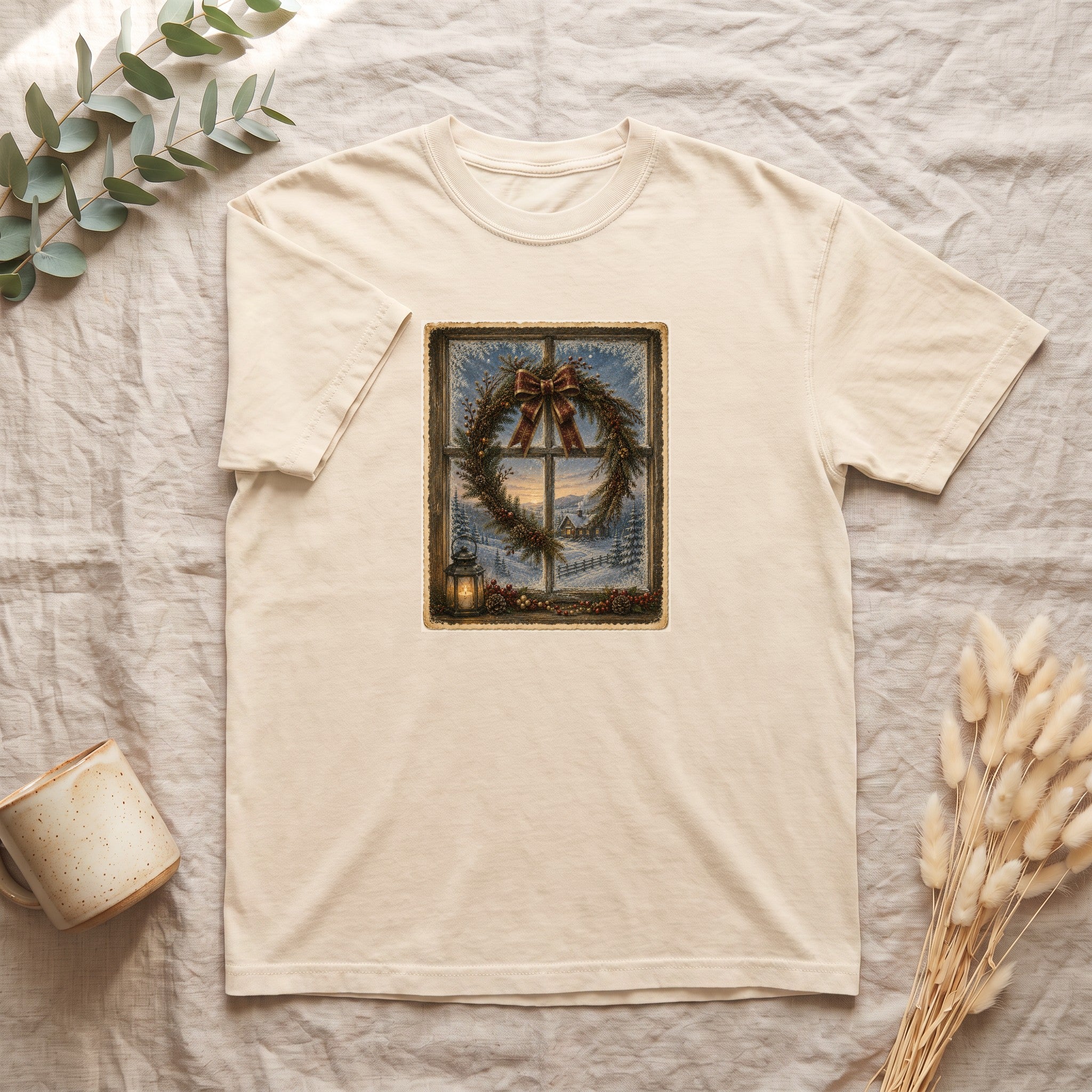 Winter Wreath Window Scene Shirt | Vintage Holiday Postcard