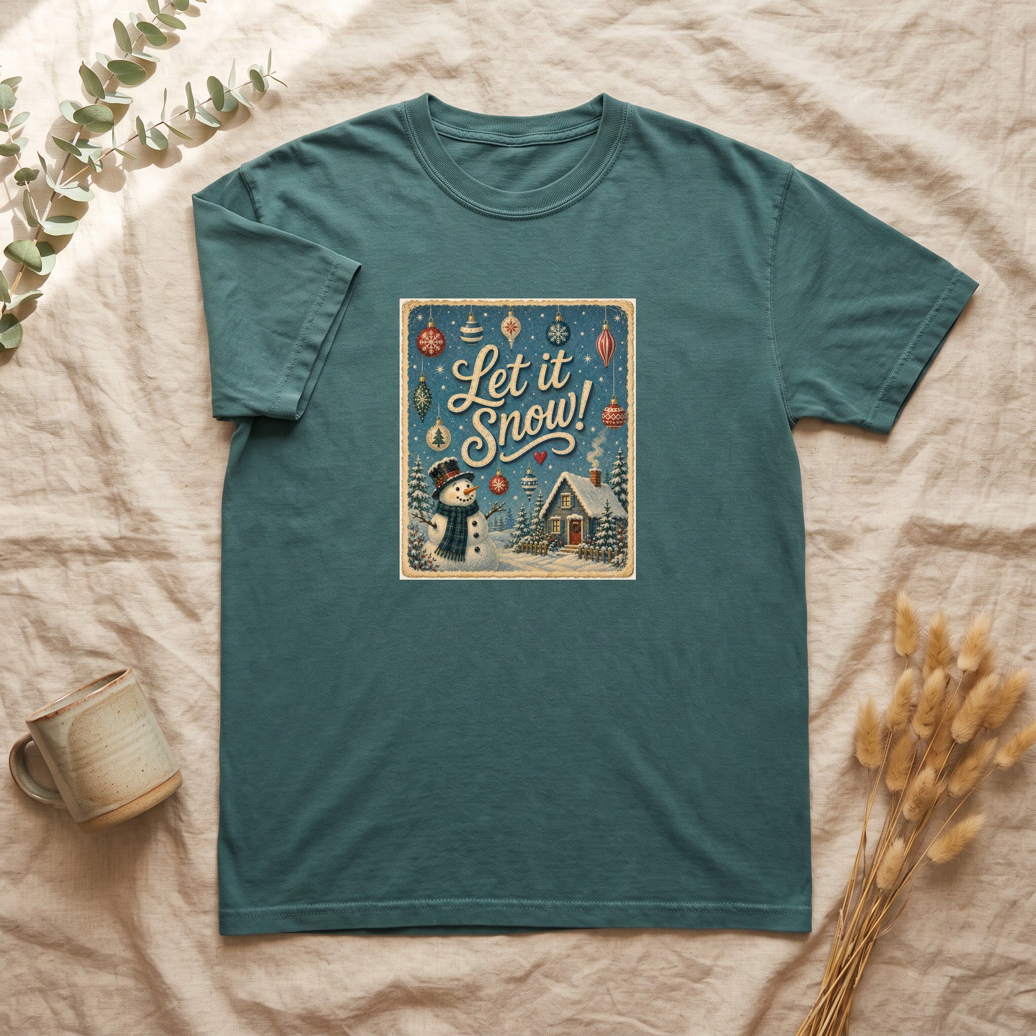 Let It Snow snowman cabin scene Shirt | vintage holiday winter design