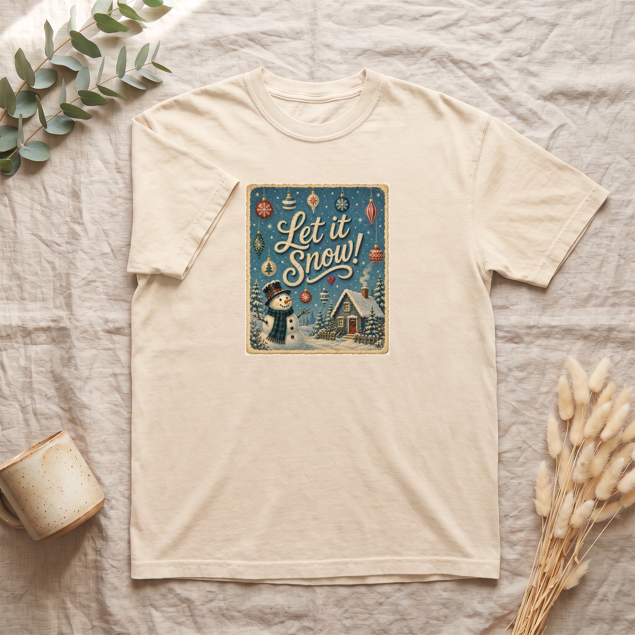 Let It Snow snowman cabin scene Shirt | vintage holiday winter design