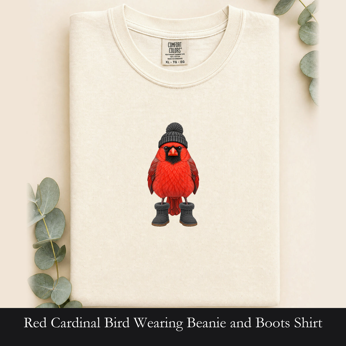 Red Cardinal Bird Wearing Beanie and Boots Shirt | Winter Bird Tee