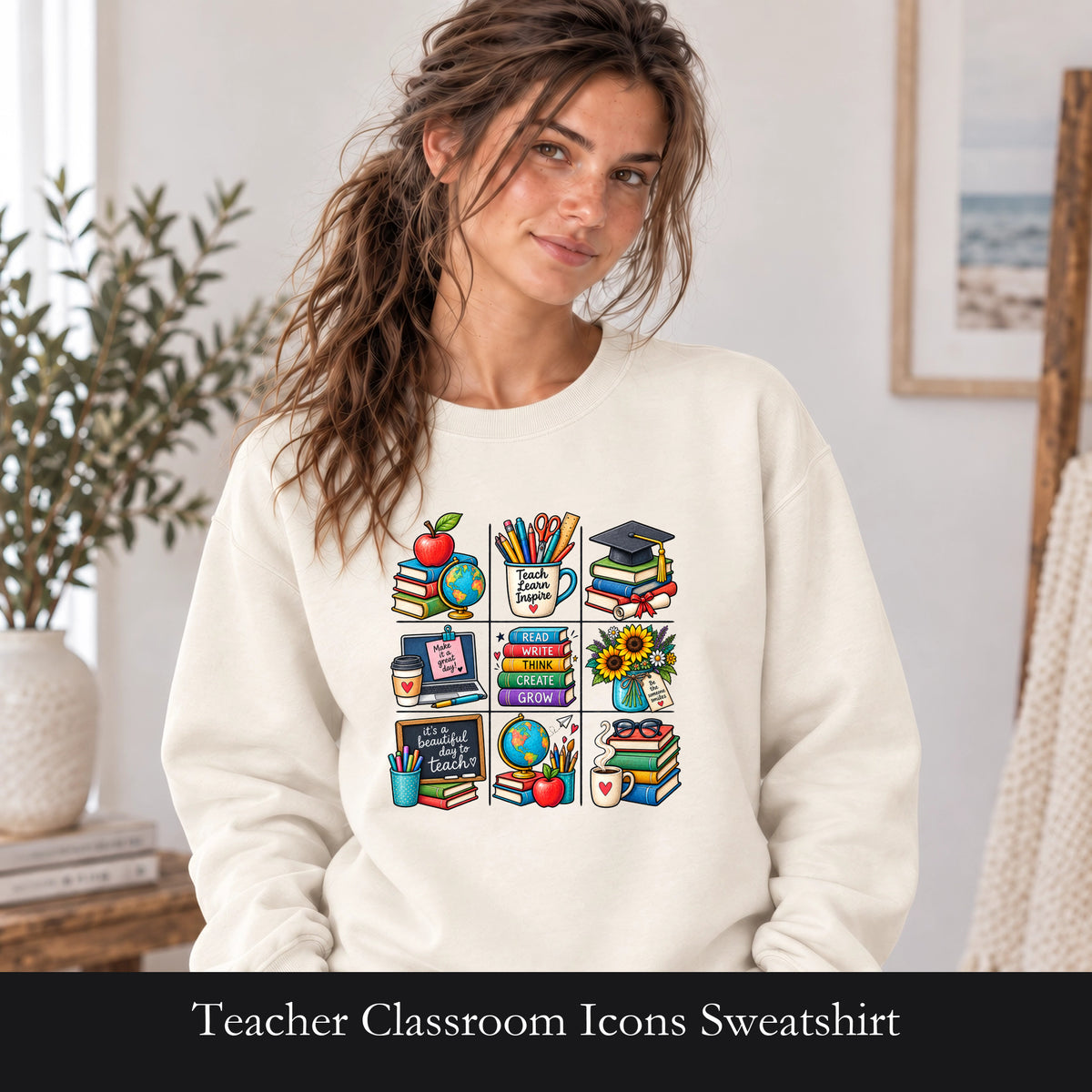 Teacher Classroom Icons Sweatshirt | Books, Globe, Apple, Chalkboard