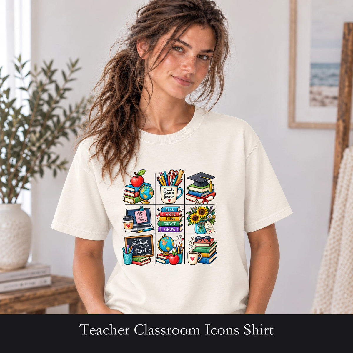 Teacher Classroom Icons Shirt | Books, Globe, Apple, Chalkboard