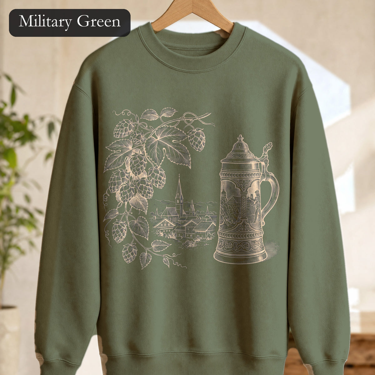 Vintage Beer Stein Illustration Sweatshirt | Hops Vine Scenic Design