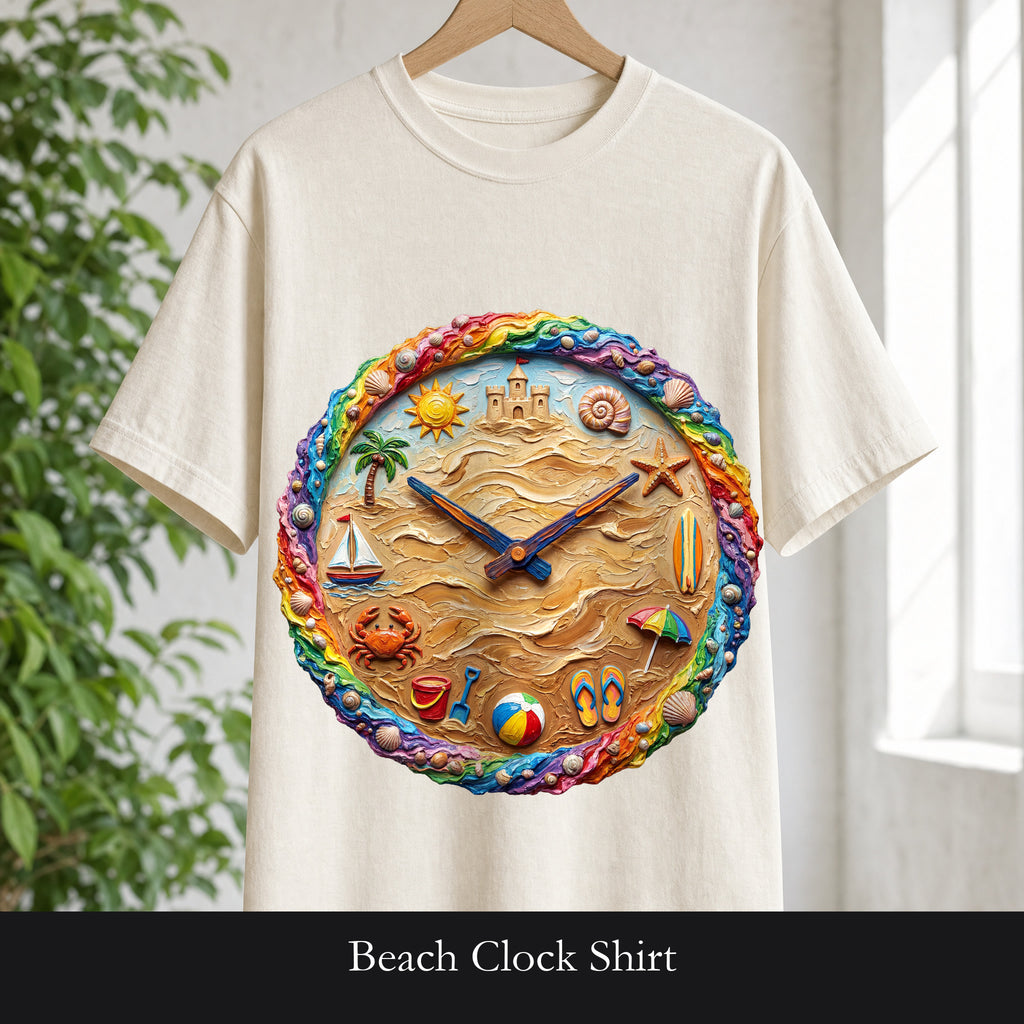 Beach Clock Shirt, Dreamy Coastal Art Tee, Surreal Beach Lover Gift, Summer Ocean Sweatshirt