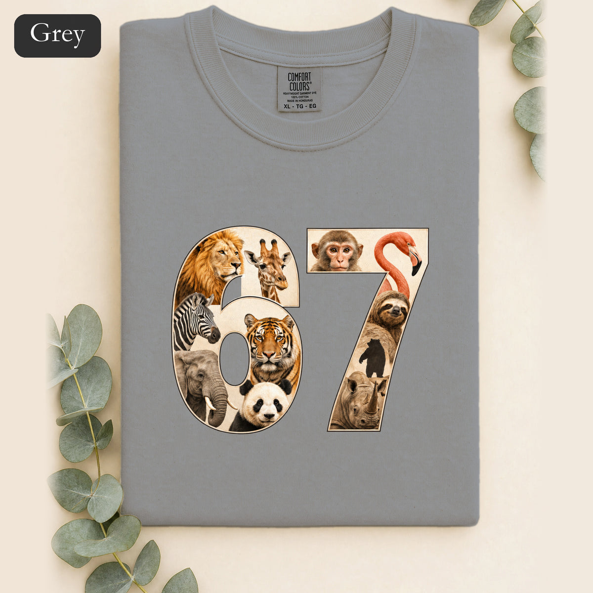 67 Zoo Animals Shirt, Funny 67 Meme Tee, Trendy Animal Number Gift, Giraffe Elephant Lion Sweatshirt