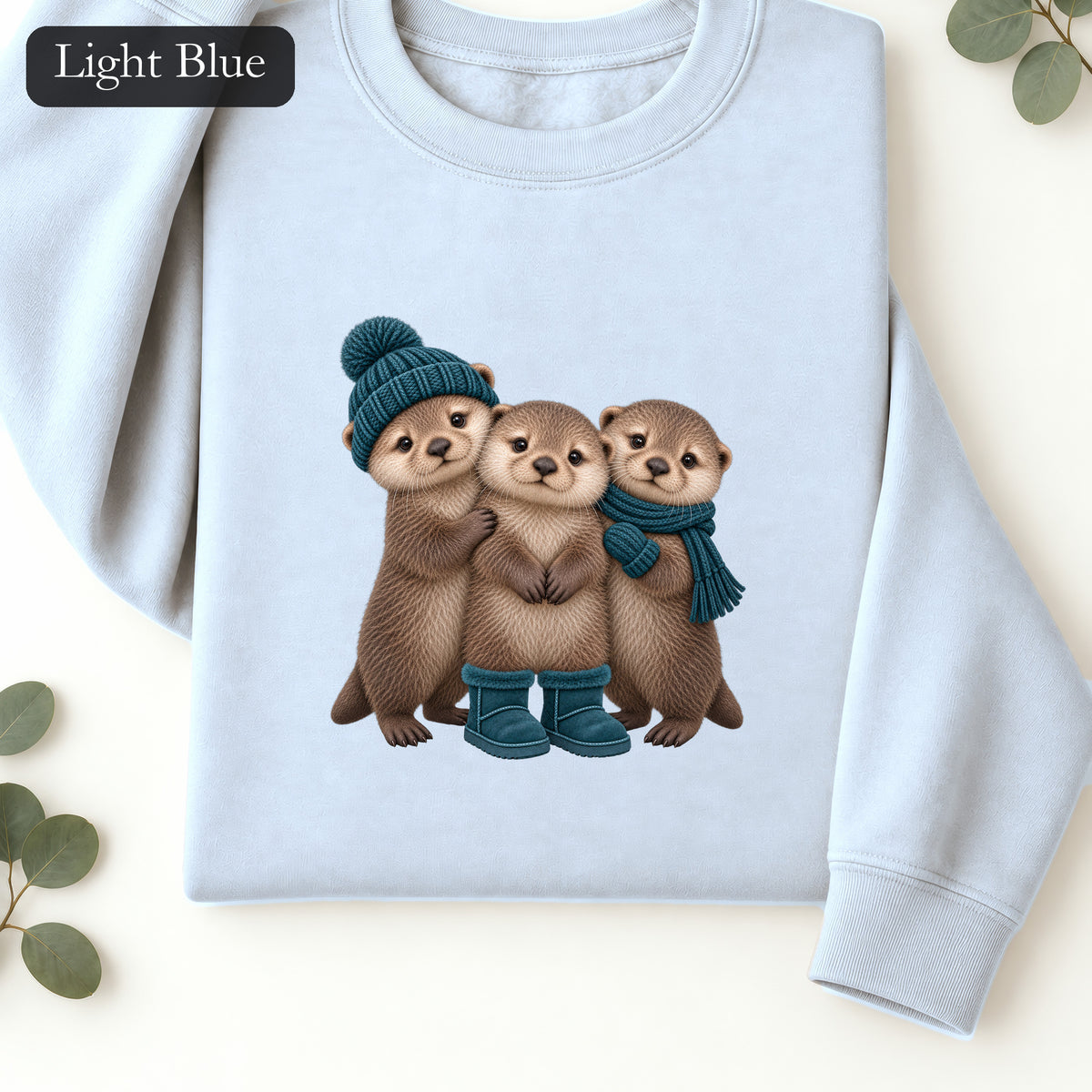 Three Otters Wearing Winter Hats Boots sweatshirt | Cute Otter Trio Design