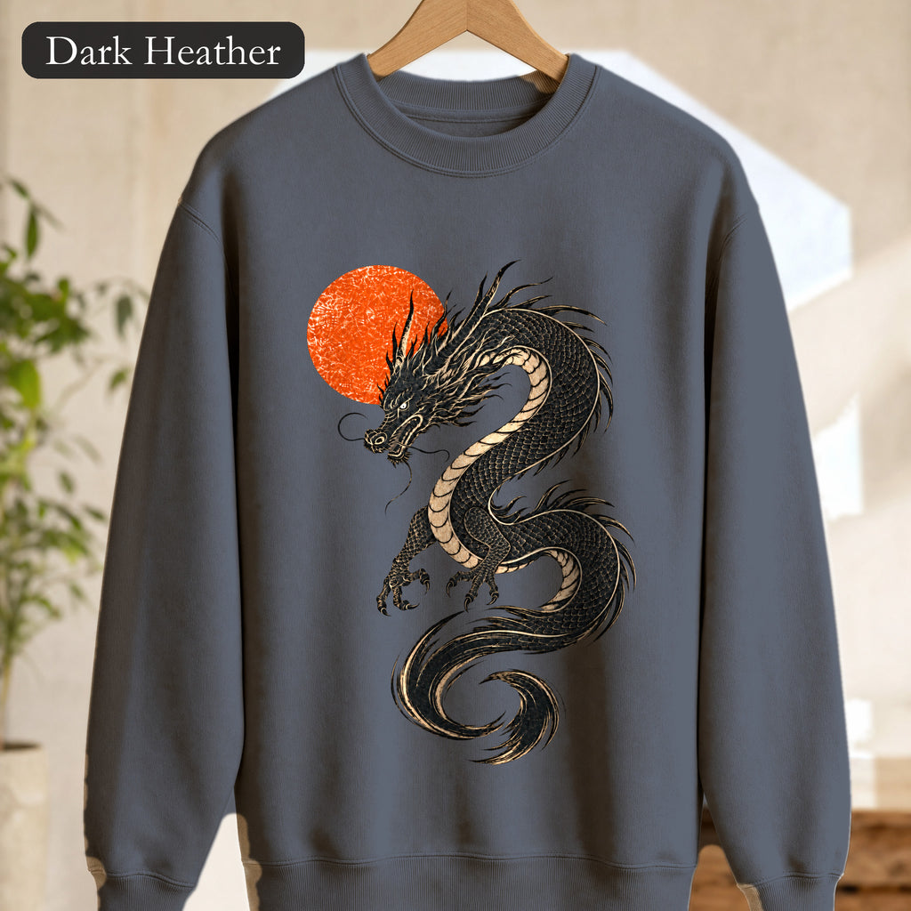 Oriental Black Dragon Illustration Sweatshirt | Red Sun, Mythical Serpent, Minimalist design. Woodblack print design
