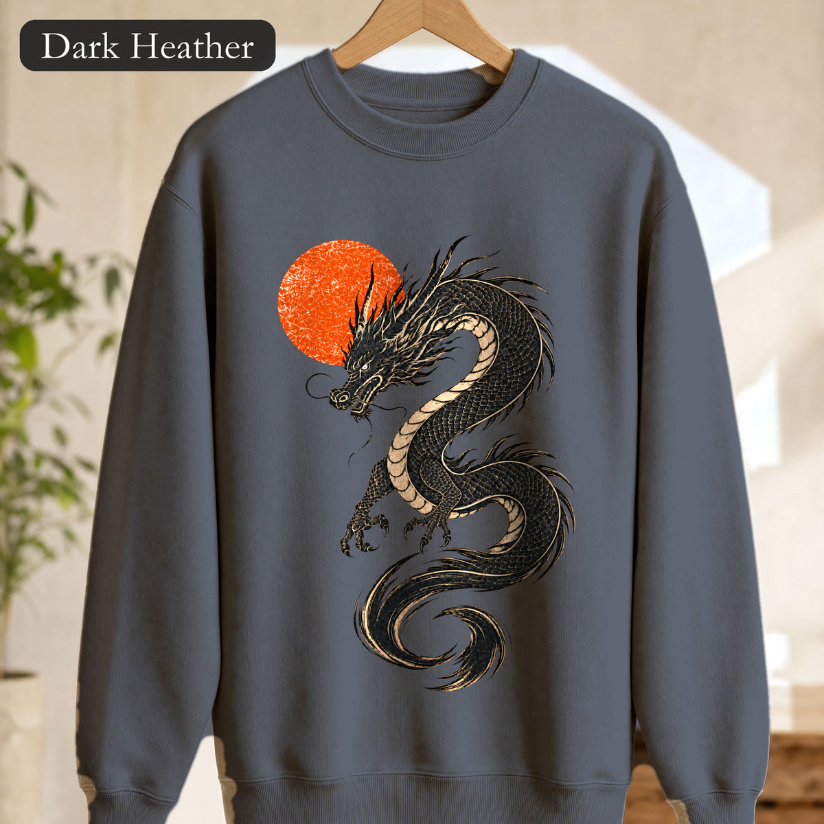 Oriental Black Dragon Illustration Sweatshirt | Red Sun, Mythical Serpent, Minimalist design. Woodblack print design