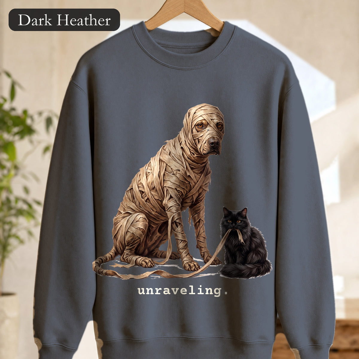 Unraveling Mummy & Cat Sweatshirt, Funny Halloween Mummy Crewneck, Cozy Deadpan Spooky Sweatshirt, Black Cat Lover Gift
