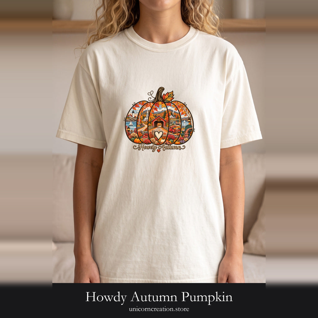 Howdy Autumn Pumpkin Shirt | Fall Patchwork Pumpkin Design, Vintage design
