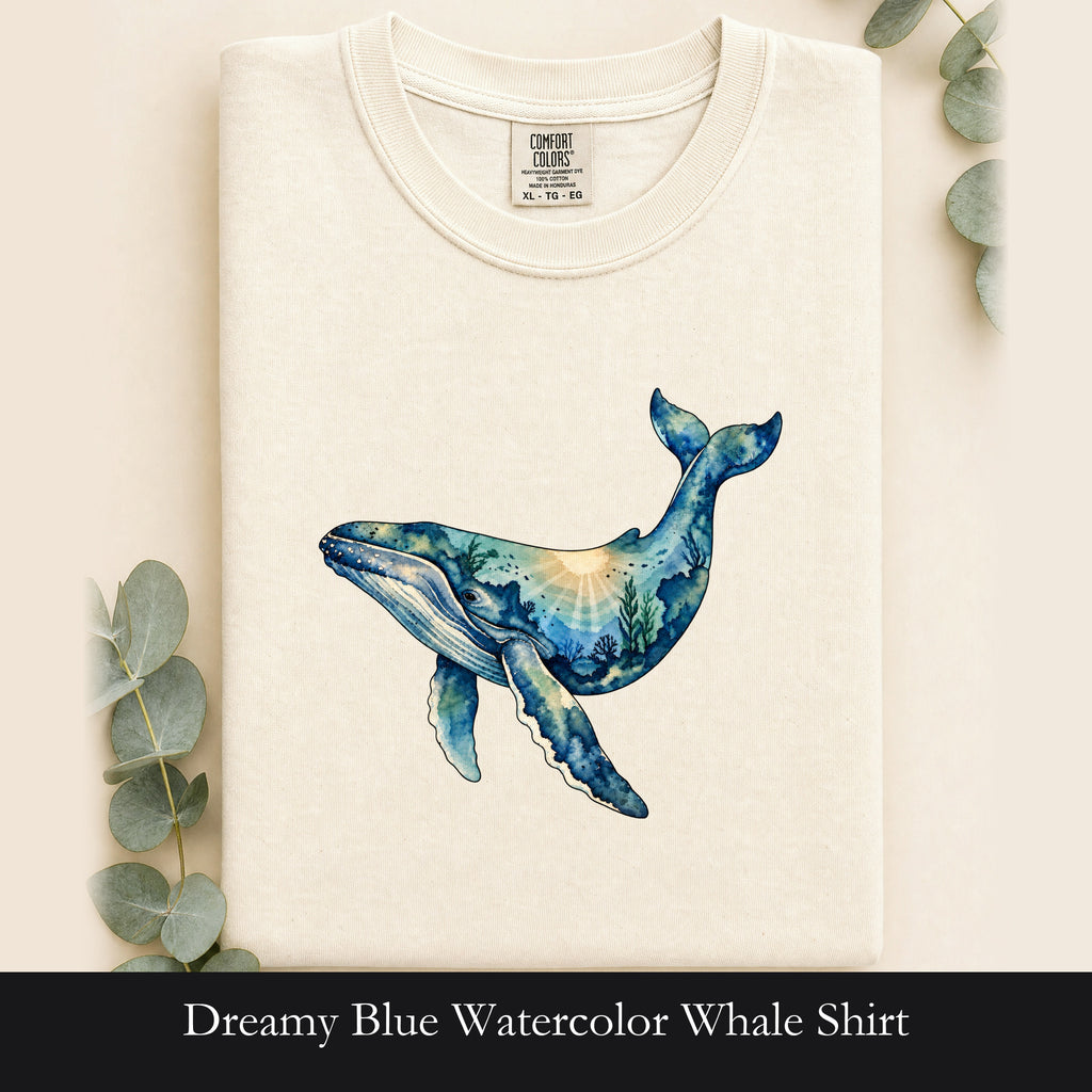 Dreamy Blue Watercolor Whale Shirt | Ocean Marine Mammal Art