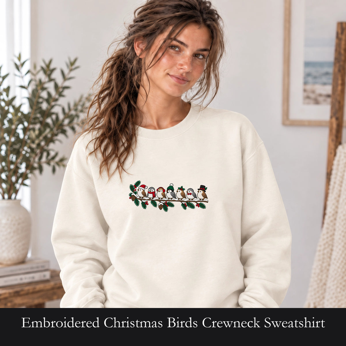 Embroidered Christmas Birds Crewneck Sweatshirt | Cute Cardinal and Holly, Winter Birds on a Snowy Branch, Bird Lover Gift
