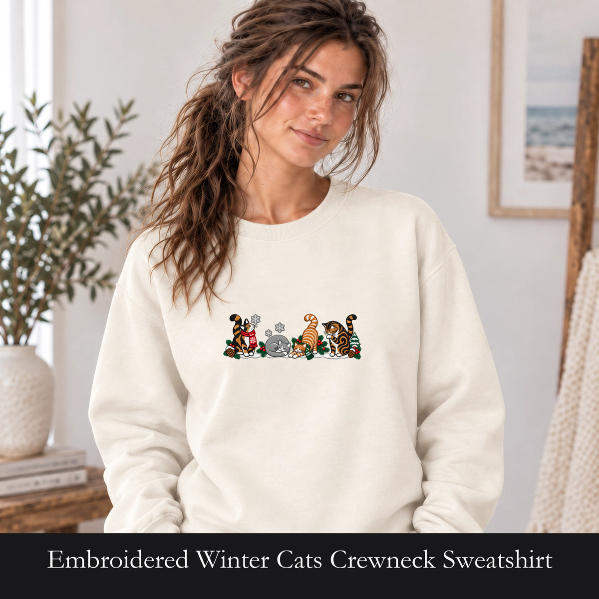 Embroidered Winter Cats Crewneck Sweatshirt | Cozy Christmas Cat Lineup in Scarves, Cat Lover Holiday Gift