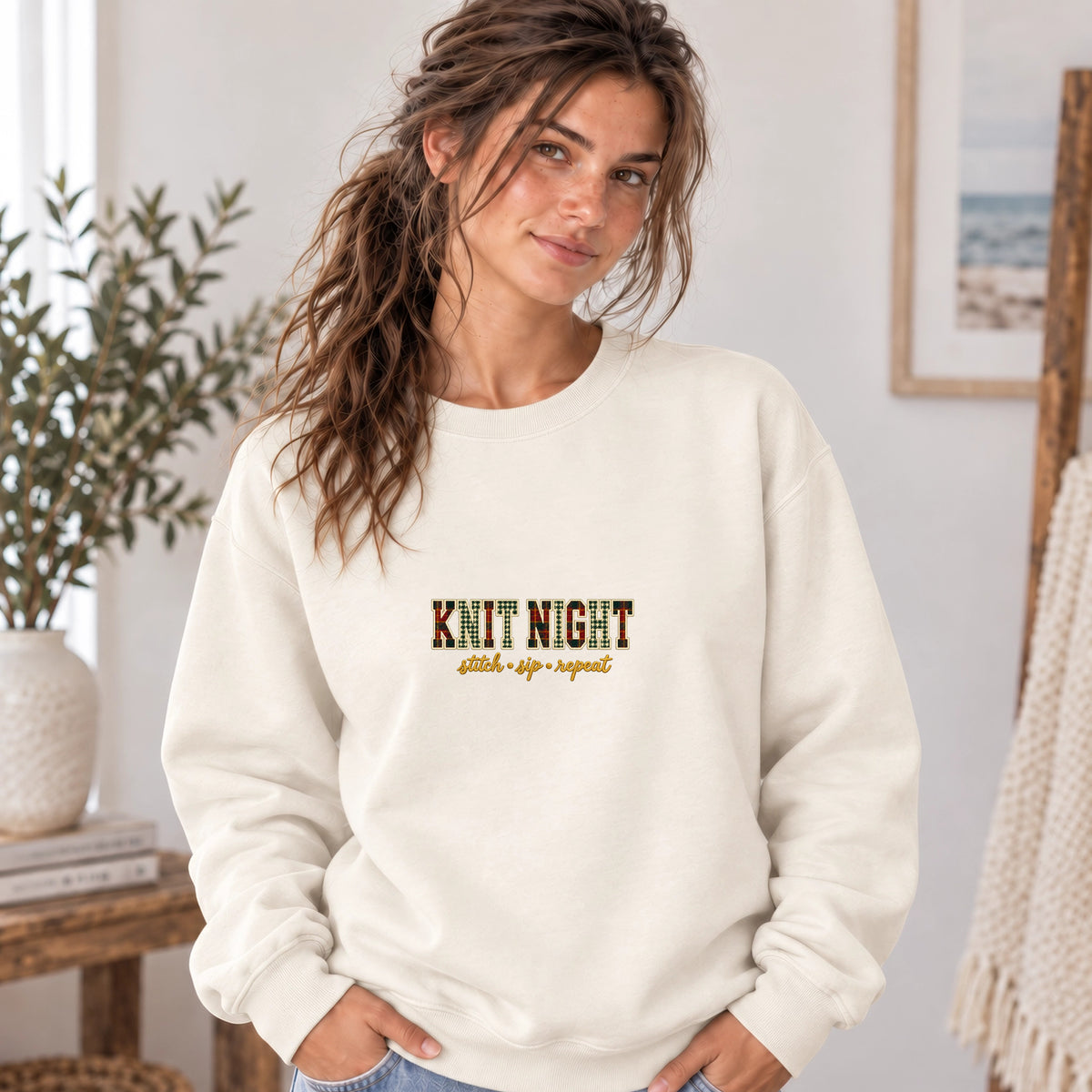 Embroidered Knit Night Stitch Sip Repeat Sweatshirt