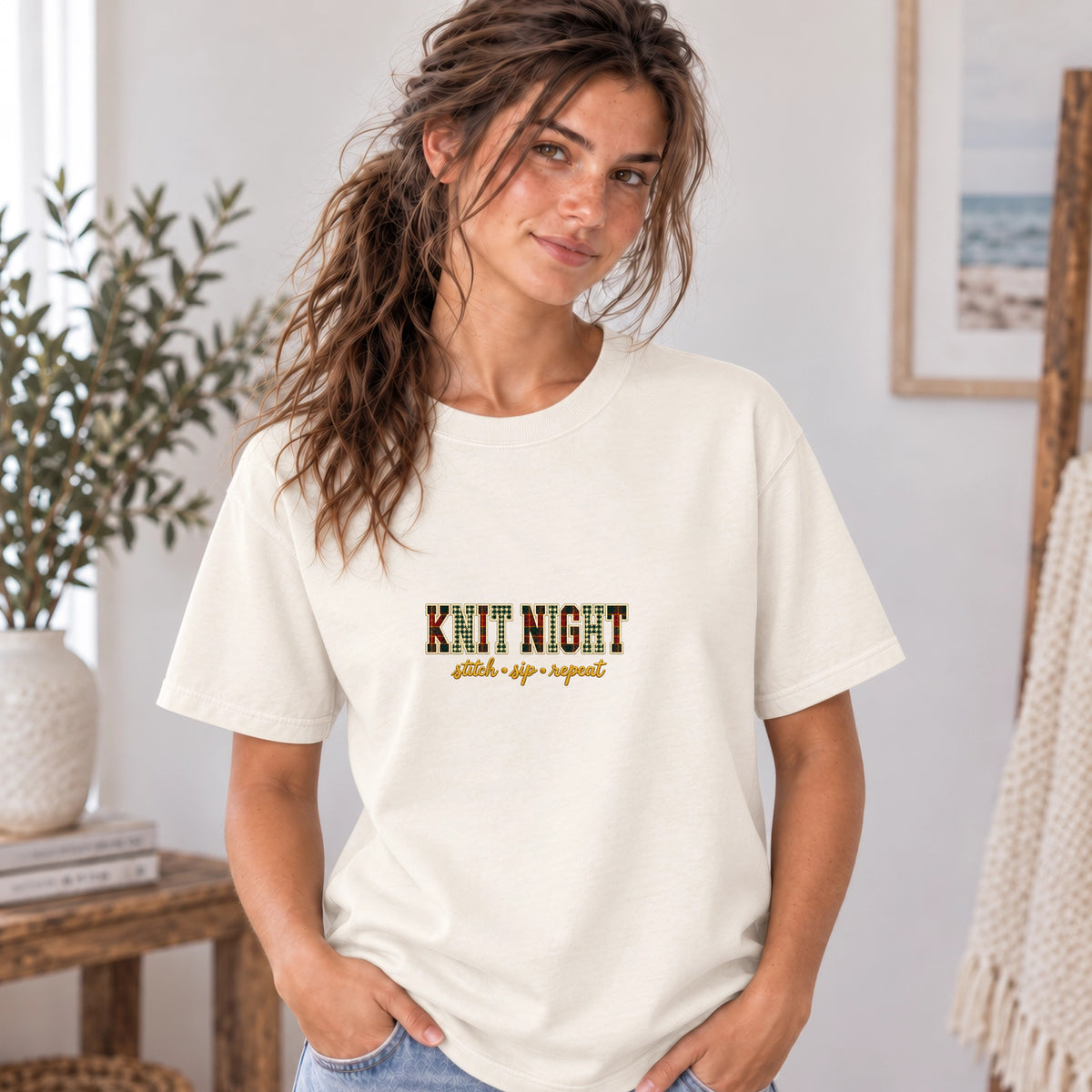 Embroidered Knit Night Stitch Sip Repeat Shirt
