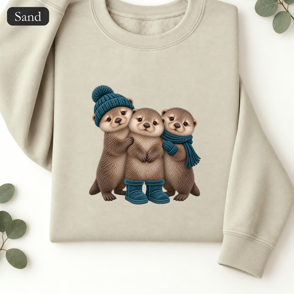 Three Otters Wearing Winter Hats Boots sweatshirt | Cute Otter Trio Design