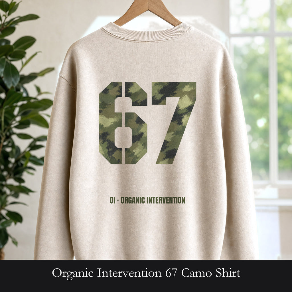 Organic Intervention 67 Camo Shirt, OI Military Number Tee, Streetwear Camo Graphic Gift, Bold Statement Sweatshirt