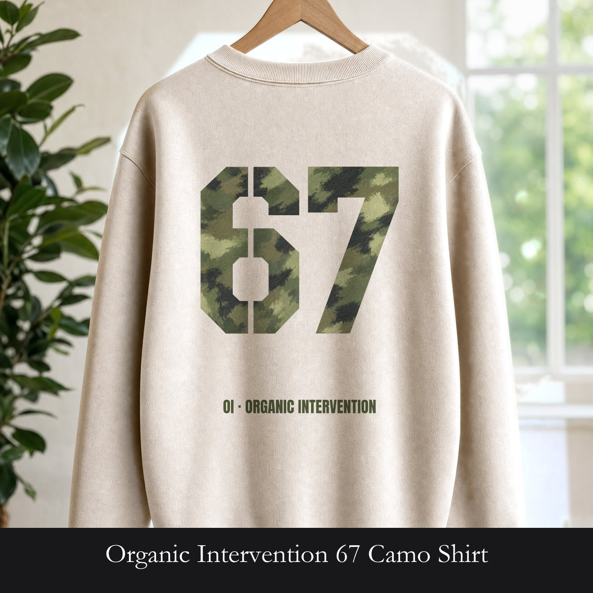 Organic Intervention 67 Camo Shirt, OI Military Number Tee, Streetwear Camo Graphic Gift, Bold Statement Sweatshirt