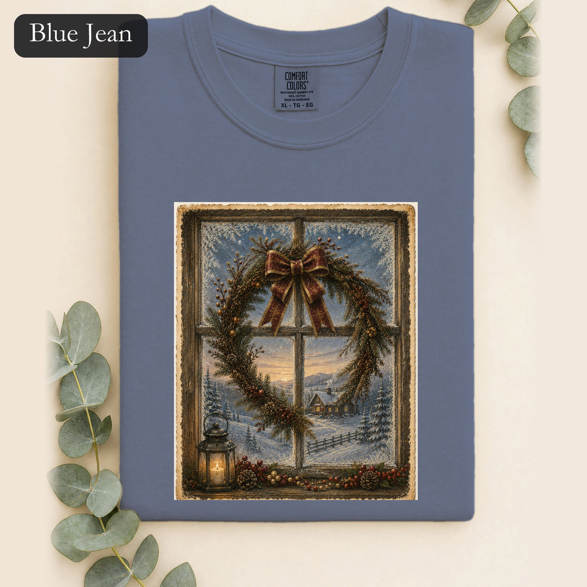 Winter Wreath Window Scene Shirt | Vintage Holiday Postcard