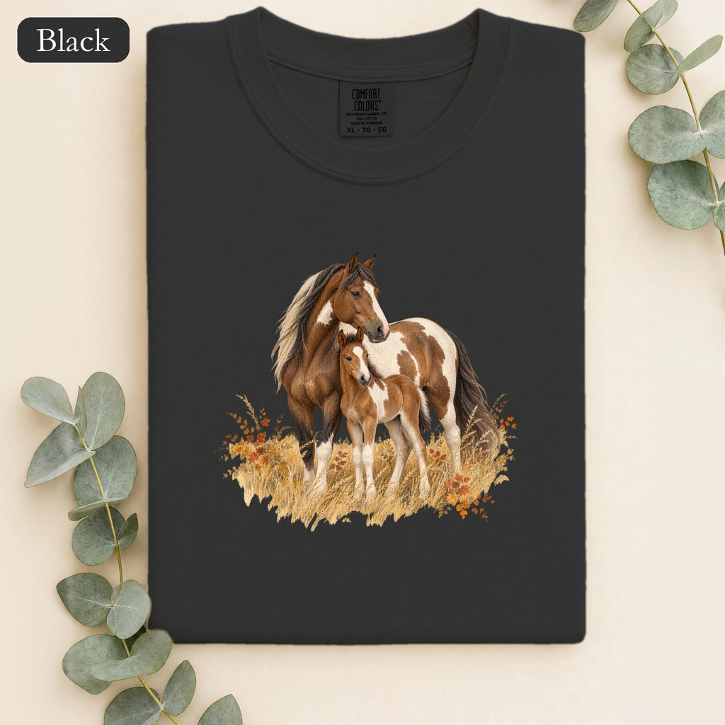 Horse Mare and Foal Shirt | Rustic Autumn Prairie Artwork