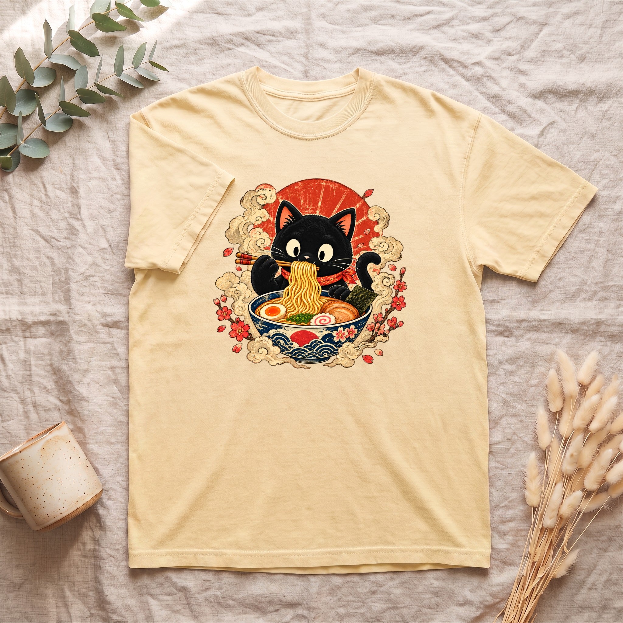 Kawaii Black Cat Slurping Ramen Shirt | Japanese Noodles, Retro Floral