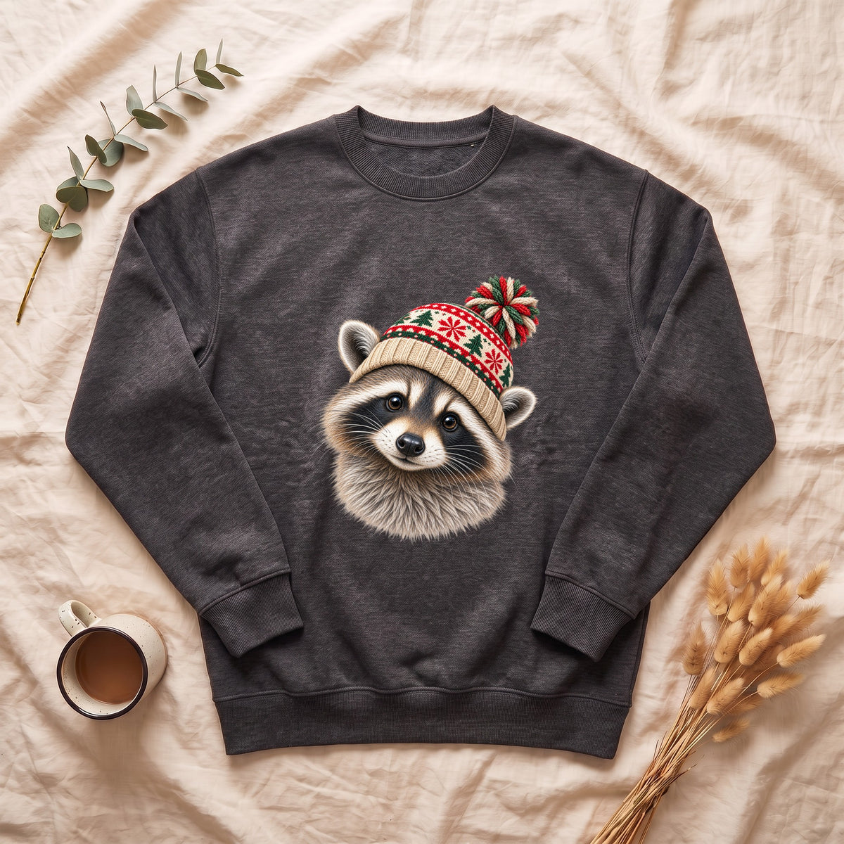 Raccoon Wearing Knit Winter Hat Sweatshirt | Cute Woodland Animal Holiday