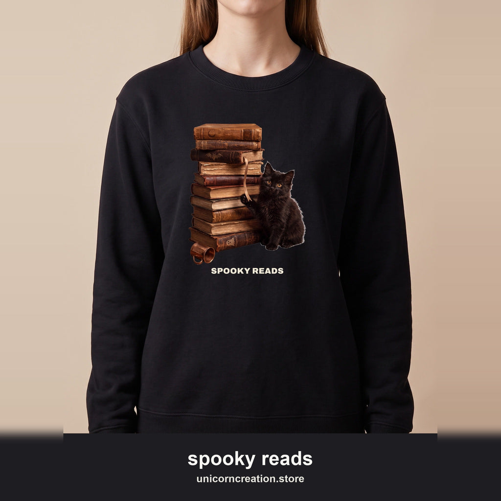 Spooky Reads Cat Sweatshirt, TBR Halloween Book Crewneck, Bookish Spooky Season Sweatshirt, Book Lover Black Cat Gift