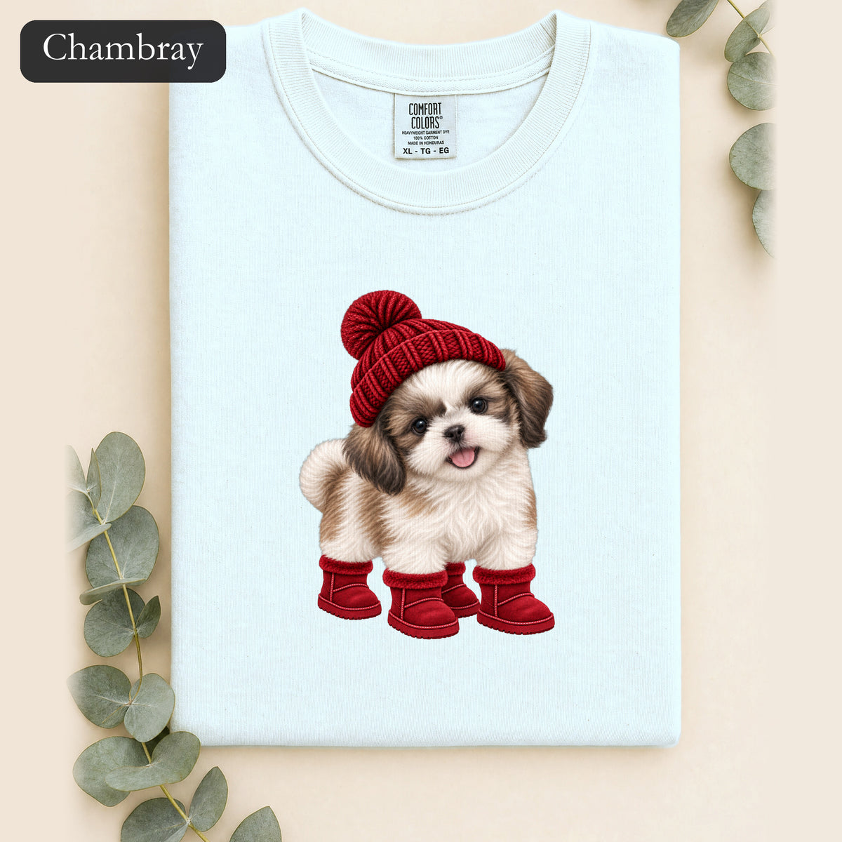 Shih Tzu Puppy in Red Beanie & Boots Shirt | Cute Dog Tee