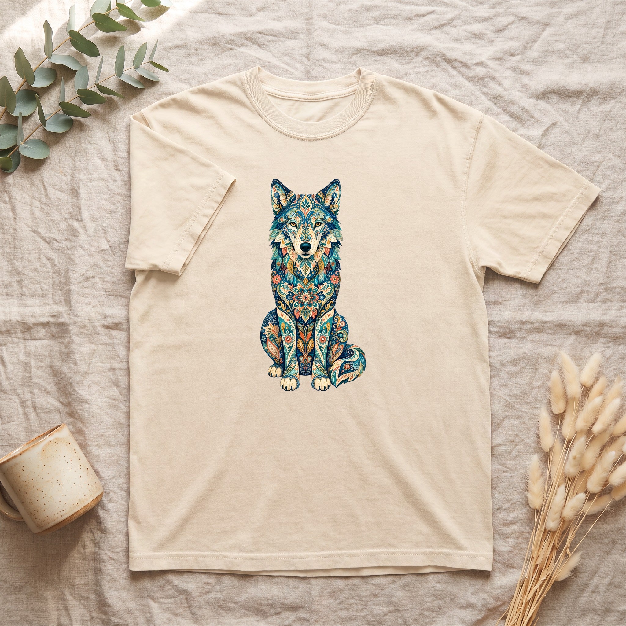 Boho Wolf Shirt, Folk Art Wolf Tee, Japanese Pattern Wolf Lover Gift, Vintage Floral Wolf Sweatshirt