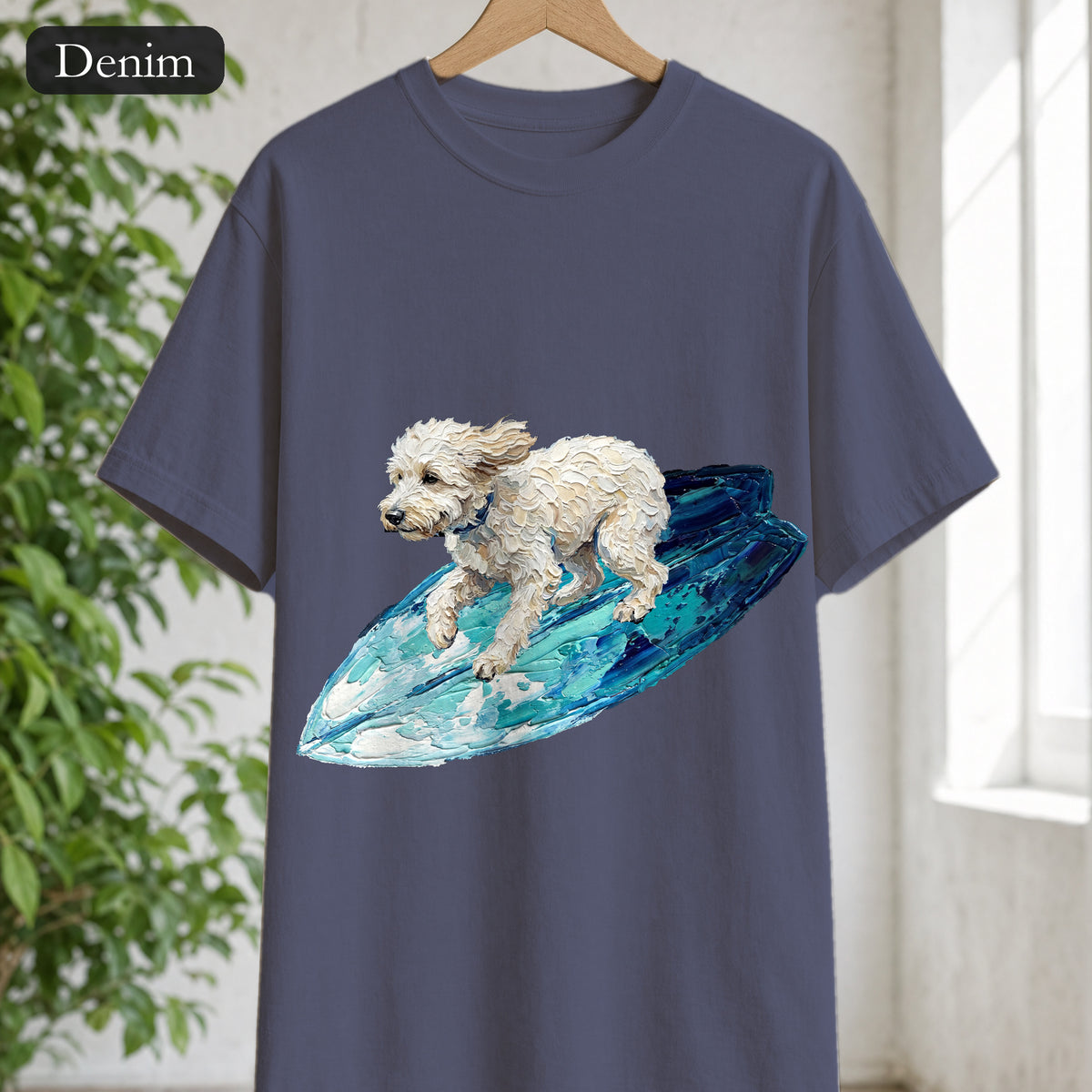 Surfing Dog Shirt, Painterly Surf Dog Tee, Beach Coastal Dog Lover Gift, Summer Ocean Dog Mom Sweatshirt