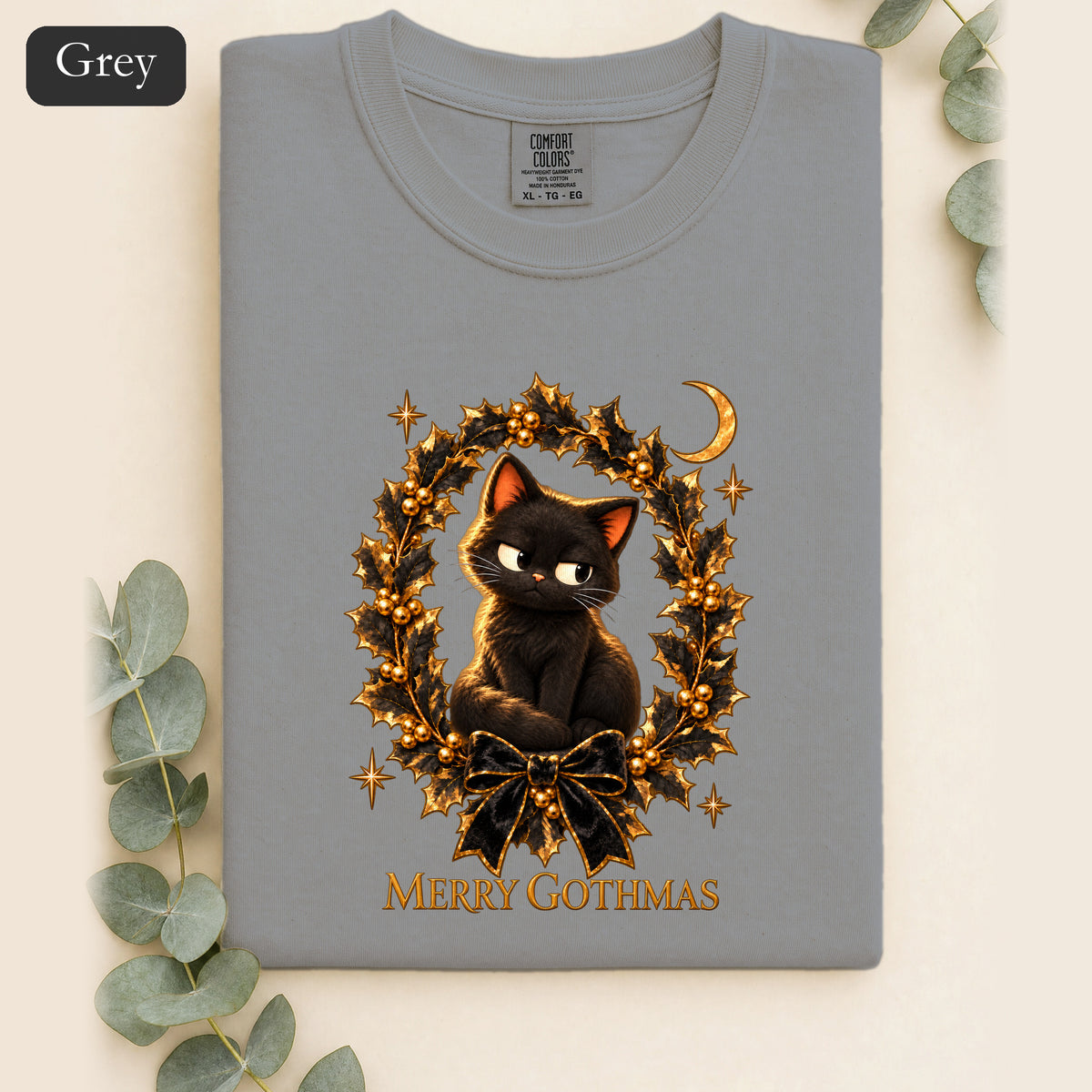 Merry Gothmas Black Cat Shirt | Gothic Christmas Holly Wreath and Crescent Moon Tee, Spooky Cat Lover Holiday Gift