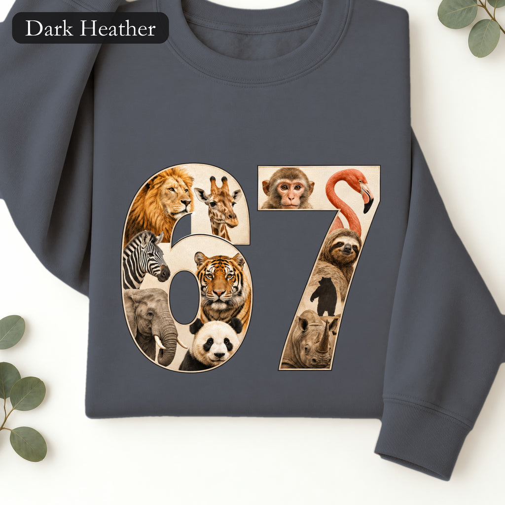 67 Zoo Animals Shirt, Funny 67 Meme Tee, Trendy Animal Number Gift, Giraffe Elephant Lion Sweatshirt