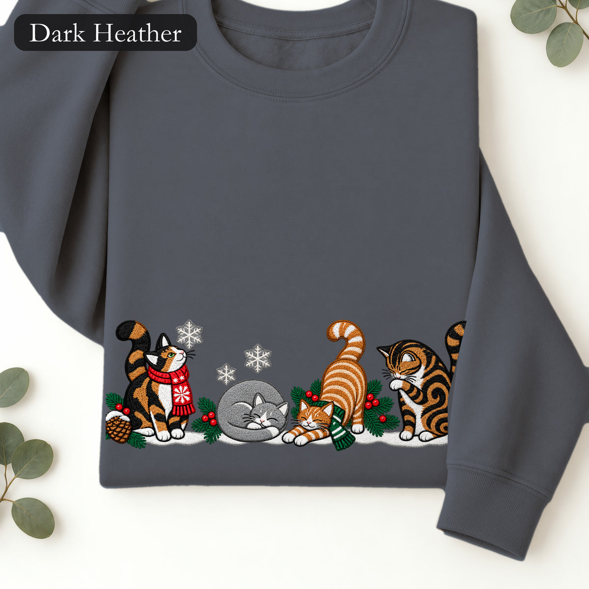 Embroidered Winter Cats Crewneck Sweatshirt | Cozy Christmas Cat Lineup in Scarves, Cat Lover Holiday Gift