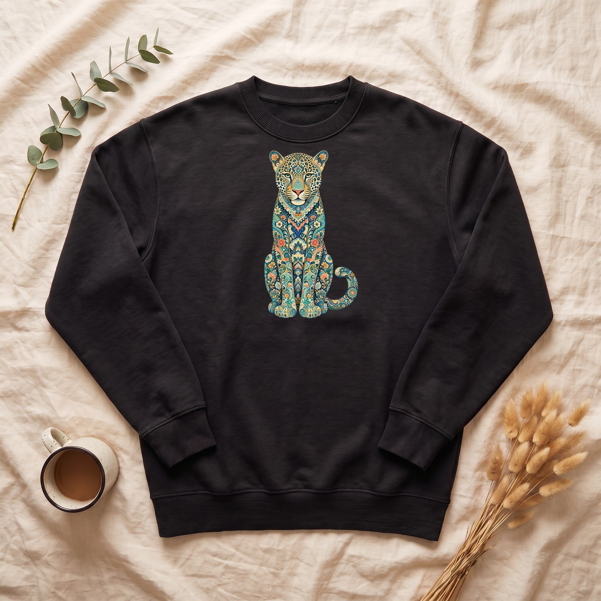 Boho Leopard Shirt, Folk Art Leopard Tee, Japanese Pattern Big Cat Lover Gift, Vintage Floral Leopard Sweatshirt