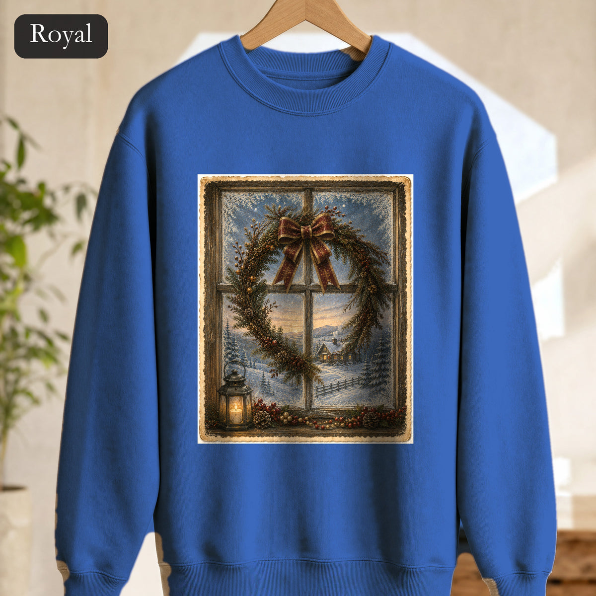 Winter Wreath Window Scene Sweatshirt | Vintage Holiday Postcard