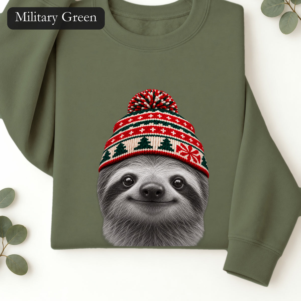 Sloth Wearing Christmas Knit Beanie | Cozy Winter Animal Crewneck