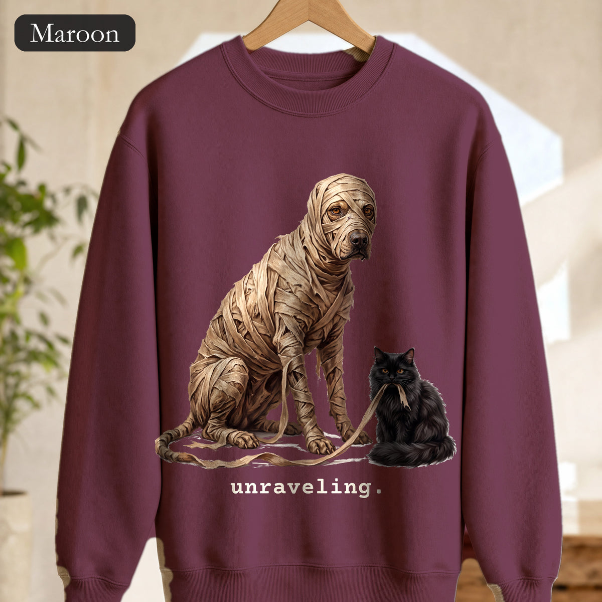Unraveling Mummy & Cat Sweatshirt, Funny Halloween Mummy Crewneck, Cozy Deadpan Spooky Sweatshirt, Black Cat Lover Gift