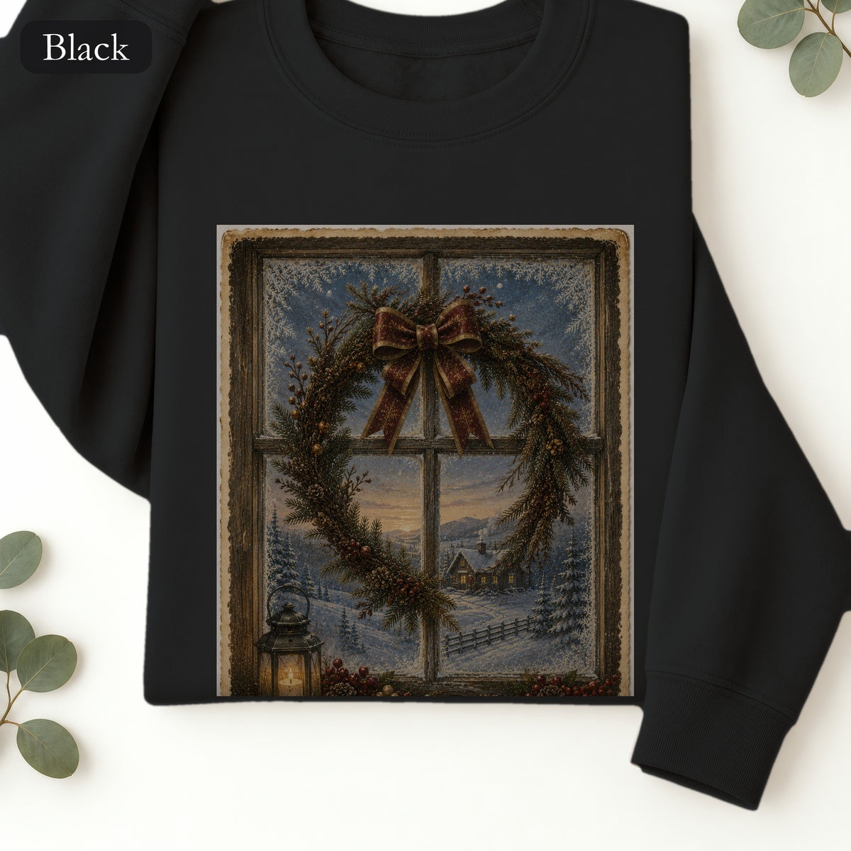 Winter Wreath Window Crewneck Sweatshirt | Vintage Christmas Scene
