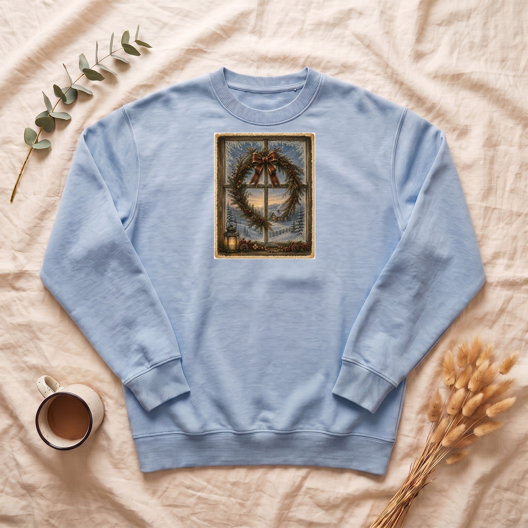 Winter Wreath Window Crewneck Sweatshirt | Vintage Christmas Scene