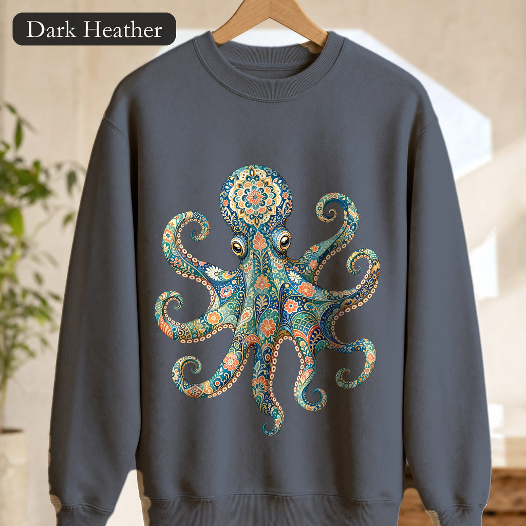 Boho Octopus Shirt, Folk Art Octopus Tee, Japanese Pattern Ocean Lover Gift, Vintage Floral Octopus Sweatshirt