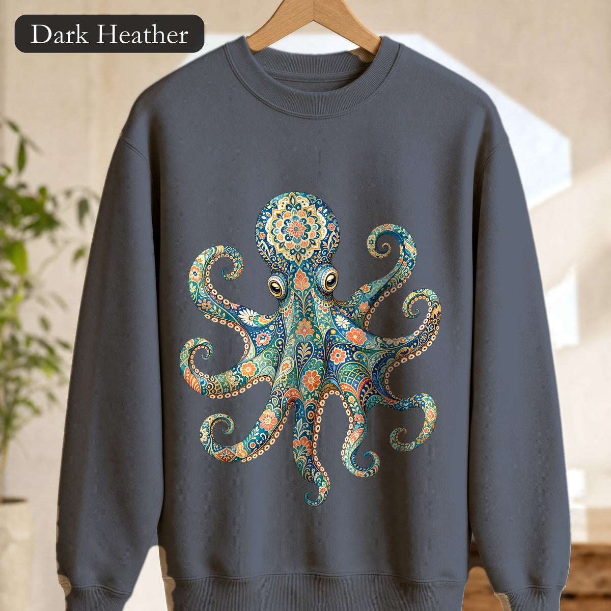 Boho Octopus Shirt, Folk Art Octopus Tee, Japanese Pattern Ocean Lover Gift, Vintage Floral Octopus Sweatshirt