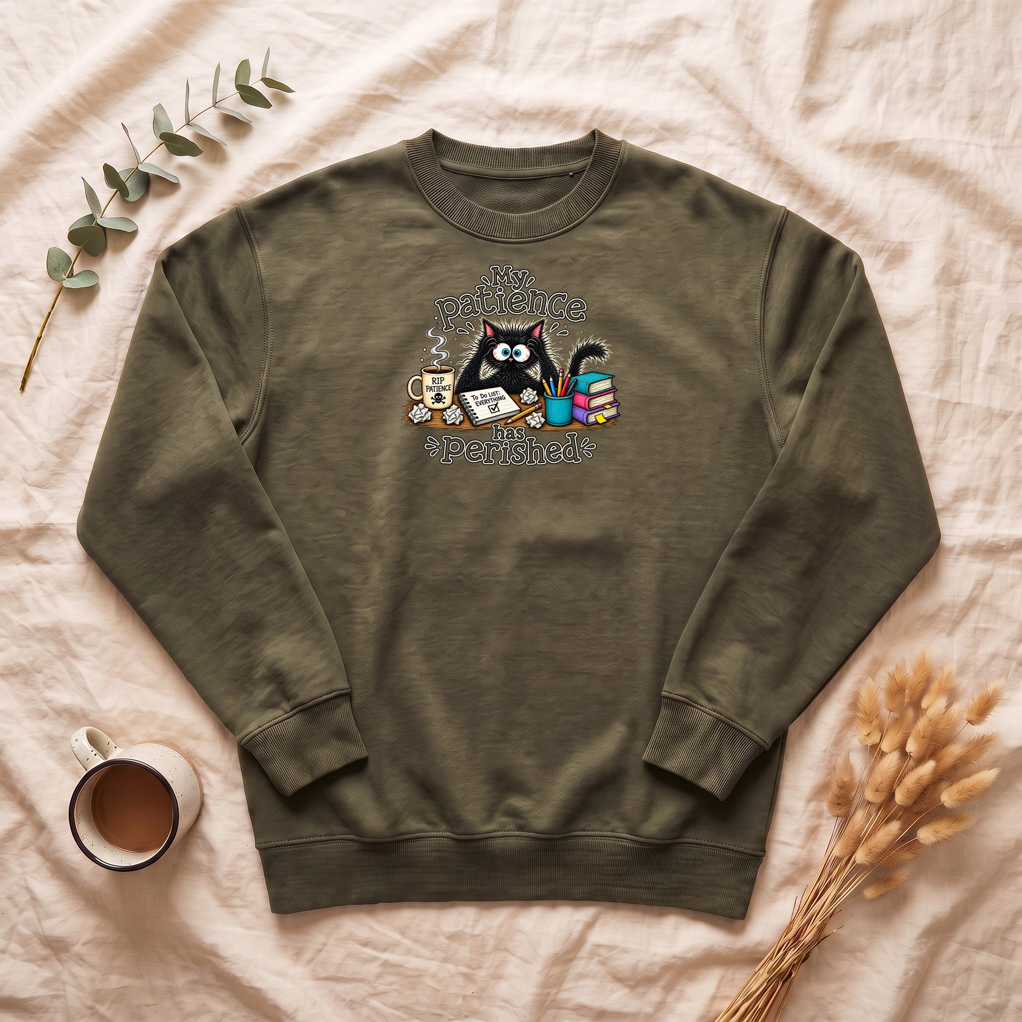 My Patience Has Perished cat crewneck sweatshirt | Cute grumpy cat illustration, coffee and books