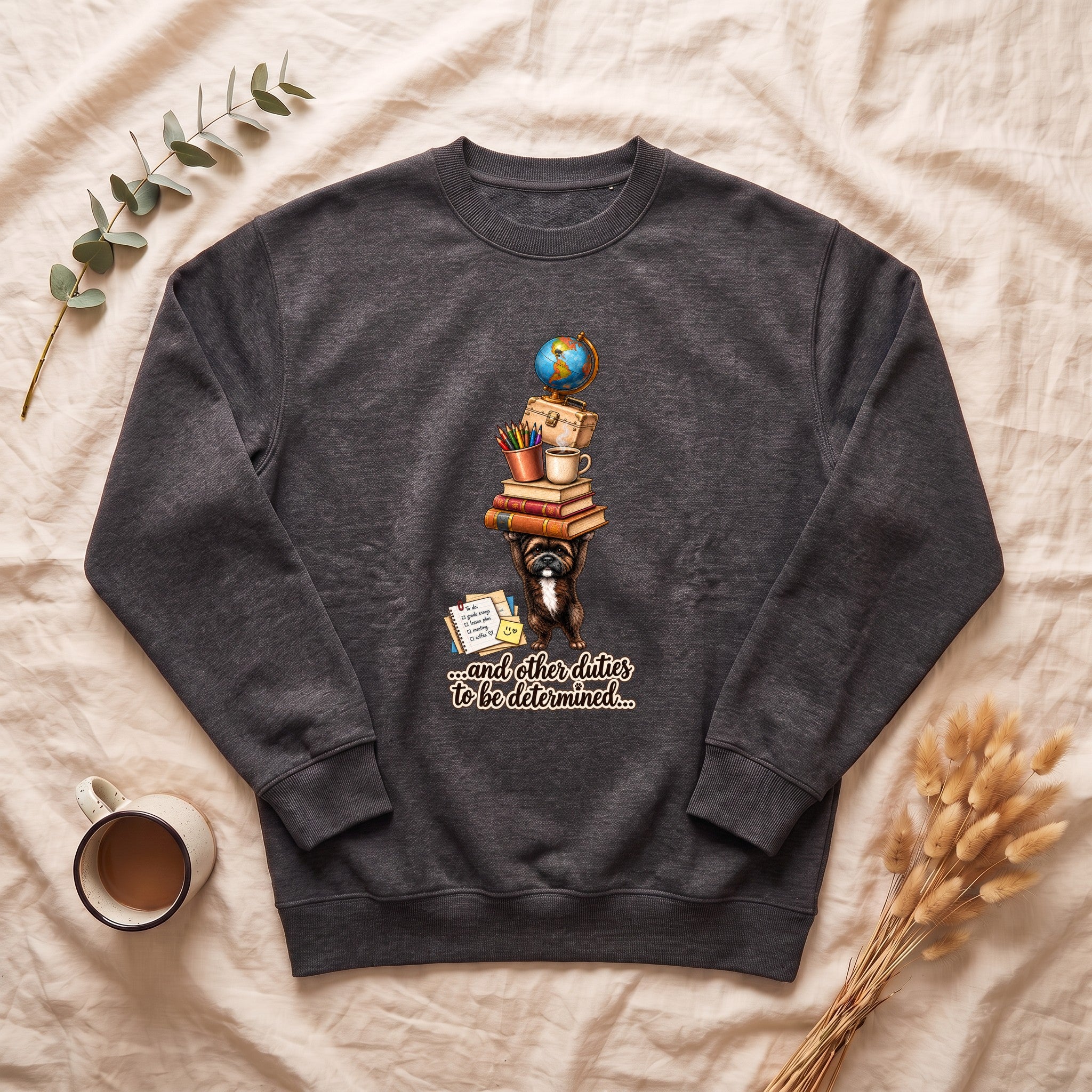 Overworked Assistant | Sweatshirt, stacked books globe reading design