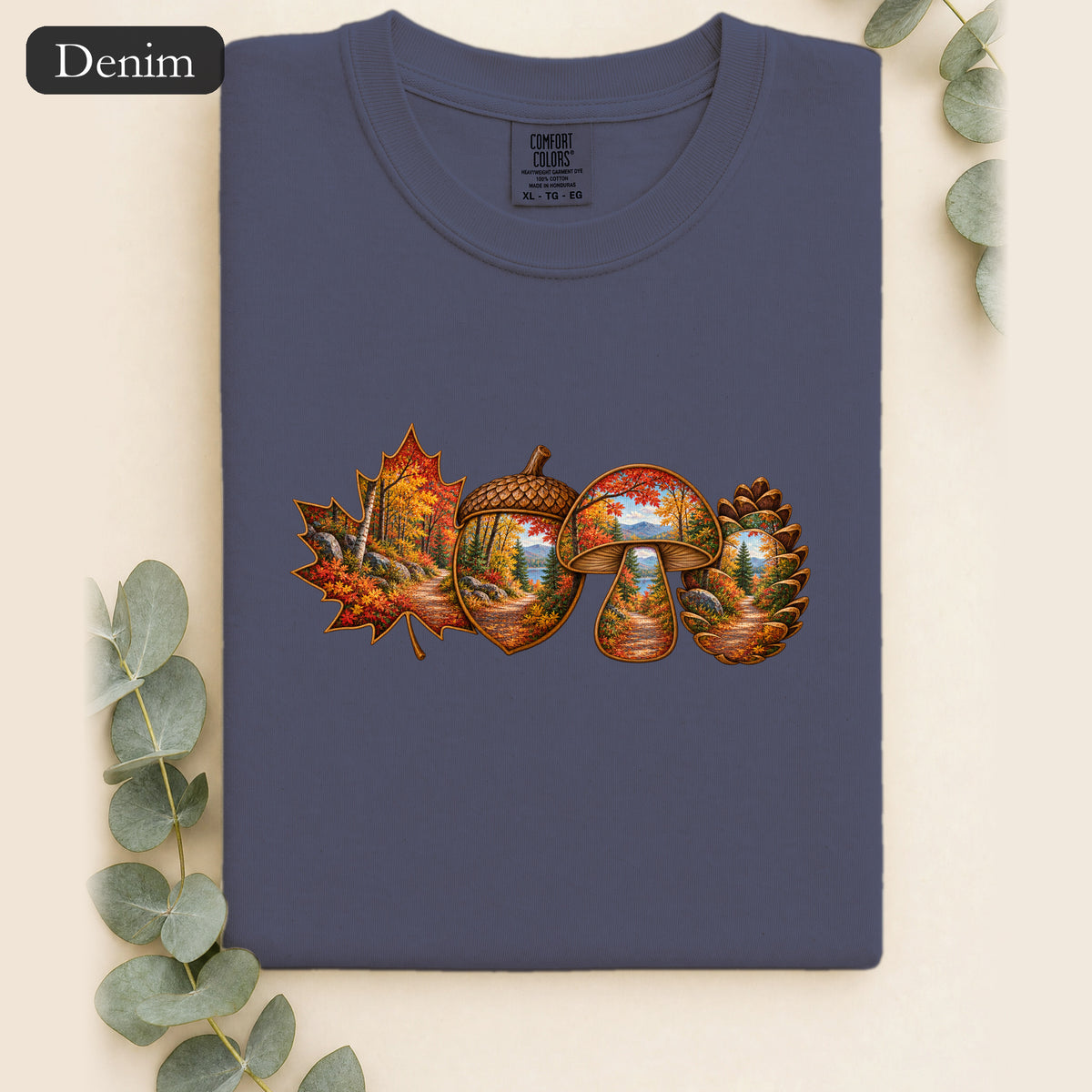 Autumn Lake Scene on Maple Leaves Shirt | Fall Landscape Tee