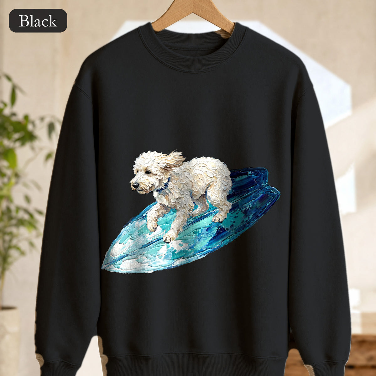 Surfing Dog Shirt, Painterly Surf Dog Tee, Beach Coastal Dog Lover Gift, Summer Ocean Dog Mom Sweatshirt