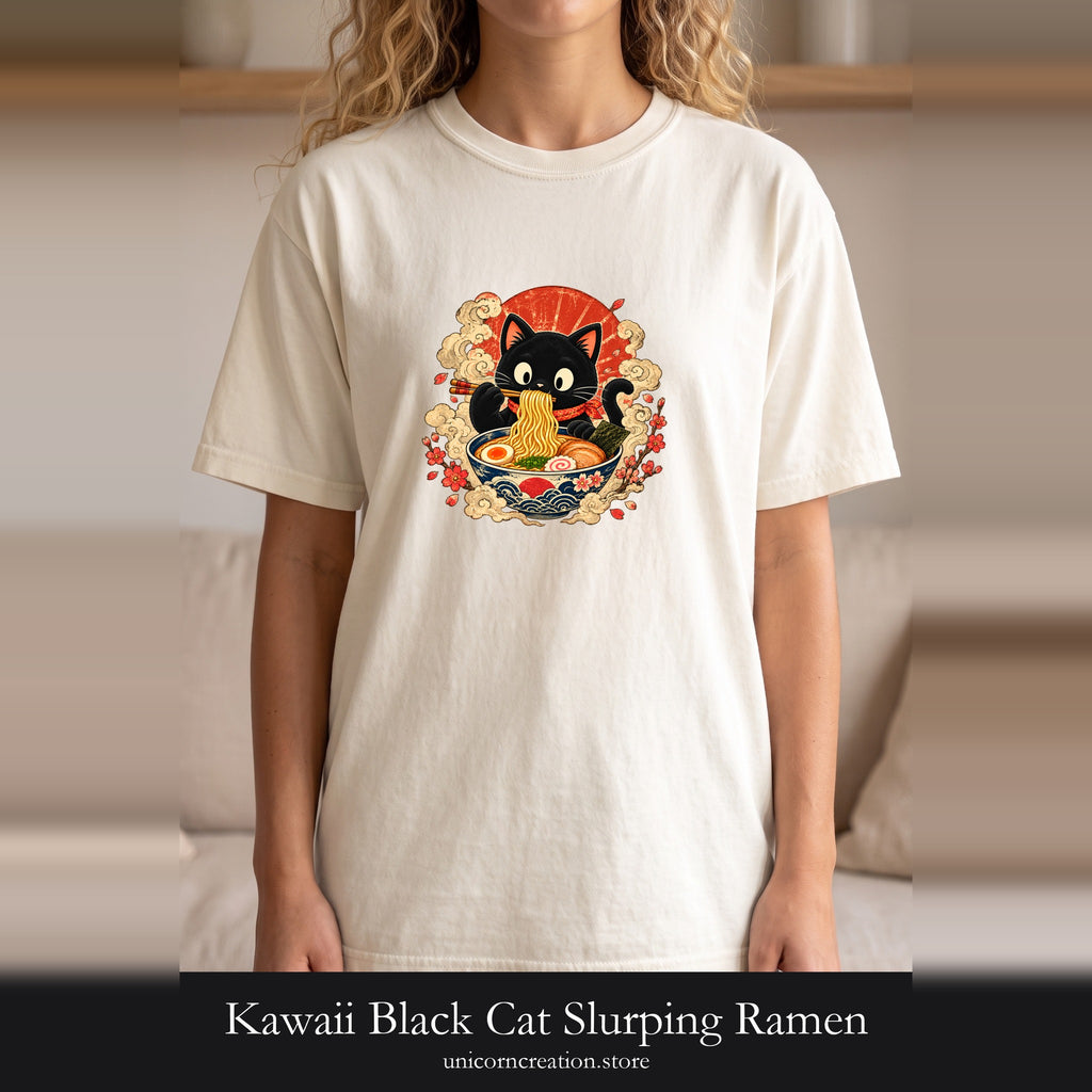 Kawaii Black Cat Slurping Ramen Shirt | Japanese Noodles, Retro Floral