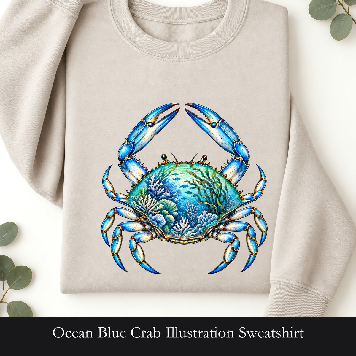 Ocean Blue Crab Illustration Sweatshirt | Coastal Sea Life Crewneck